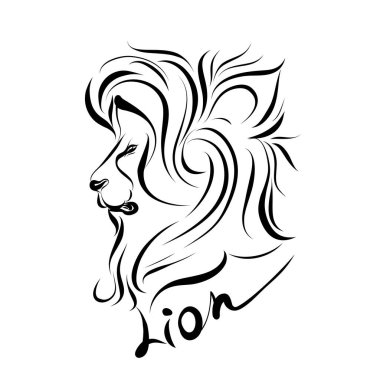 Lion Head 'in tek renkli tasviri. Boyama kitabı için. Vahşi Aslan Kafa Grafik Çizimi. Tasarım ögesi