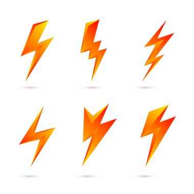 Sarı Yıldırım Simgeleri Beyaz Arkaplanda izole edildi. Simge Fırtınası ya da Şimşek ve Şimşek. Gölge Efektli Basit Çizgi Film Yıldırım Vuruşu İşareti