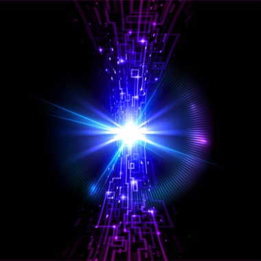 Soyut Fütürist Devre Kurulu. The Interplay of Network Lines, Lights, and Symbols Against a Dark Background on the Subject of Modern Technology, Networking, or Science.