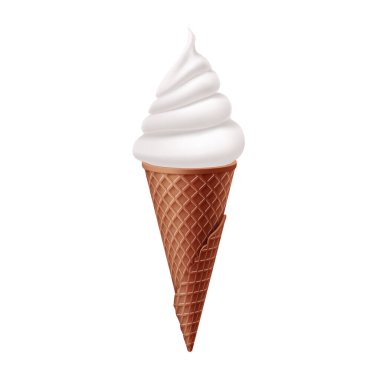 Kahverengi Waffle Cone 'da lezzetli vanilyalı dondurma. Sokak Fast Food, Tatlı Süt Tatlısı Yaratıcı illüstrasyon Beyaz Arkaplanda İzole Edildi