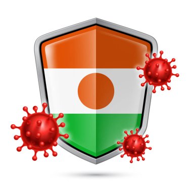 Flag of Niger on Metal Shiny Shield Icon and Red Corona Virus Cells. Concept of Health Care and Safety Badge. Security Safeguard Metal Label with Nigerien flag clipart