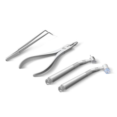 Beyaz Arkaplan Karşıtı Temel Dişçi Aletleri. Diş bakımı için Metal Tıbbi Malzemeler. Diş Sağlığı ve Sağlık Hizmetleri Konsepti