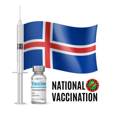 İzlanda bayrağı, aşı bağışıklık şırıngası ve aşı için antibiyotik. Sağlık ve İzlanda bayrağıyla Ulusal Aşı kavramı