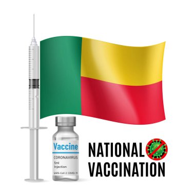 Benin bayrağı, aşı bağışıklık şırıngası ve aşı için antibiyotik. Sağlık hizmetleri kavramı ve Benin bayrağıyla Ulusal Aşı