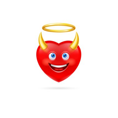 Altın Nimbus ve Boynuzları olan Kırmızı Kalp Karakteri. Sevimli Çizgi Film Biçimi Çizimi. Romantik Aşk Aşk Hastalığı Sembolü. Sevgililer Günü Kutlama Kartı Dekorasyonu ya da Evlilik Yıldönümü