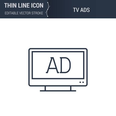 TV ADS 'nin sembolü İnce Satır Reklam Medyası Simgesi. Infographics için Piktogram Grafiksel Uyumlu. Düzenlenebilir Vektör Vuruşu. Premium Mono Lineer Düz Laconic Logosu