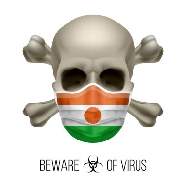 Human Skull with Crossbones and Surgical Mask in the Color of National Flag Niger. Mask in Form of the Nigerien Flag and Skull as Concept of Dire Warning that the Viral Disease Can be Fatal clipart