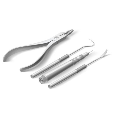 Temel Diş Hekimi Aletleri ve Aletler Beyaz Platforma Karşı Hazırlandı. Diş bakımı için Isometric tıbbi ekipman seti. Diş Sağlığı ve Sağlık Hizmetleri Konsepti