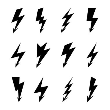 Siyah Yıldırım Simgeleri Beyaz 'a izole edildi. Simge Fırtınası ya da Şimşek ve Şimşek. Gölge Efektli Basit Çizgi Film Yıldırım Vuruşu İşareti