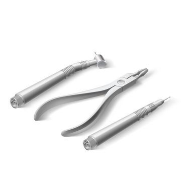 Temel Dişçi Aletleri ve Aletleri. Diş bakımı için Isometric tıbbi ekipman seti. Beyaz Diş Sağlığı ve Sağlık Hizmetleri Konsepti