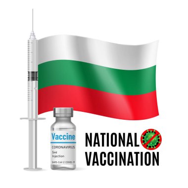 Bulgaristan 'ın Aşı Bağışıklık Şırıngası ve Aşı İçin Antibiyotik Bayrağı. Sağlık ve Ulusal Aşı kavramı Bulgar bayrağıyla