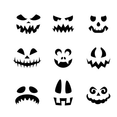 Balkabağı Emojiler. Cadılar Bayramı Şeytanı Siluet Topluyor. Şeytani Gözlü Ürkütücü Yaratıklar, Dişler ve Beyaz Yüzlü Ürkütücü Gülümsemeler