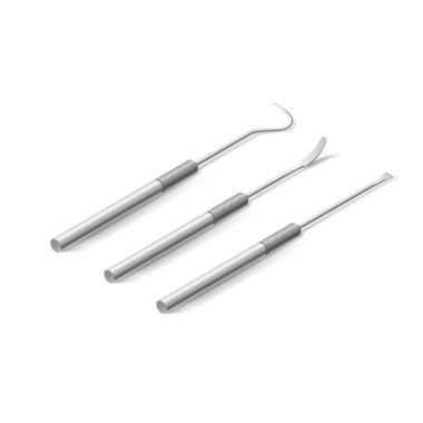 Temel Diş Hekimi Aletleri Beyazın Üzerine Serildi. Diş bakımı için Isometric Metal Tıbbi Ekipmanı. Diş Sağlığı ve Sağlık Hizmetleri Konsepti