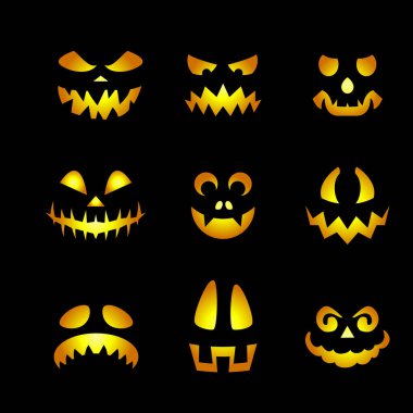 Parlayan Balkabağı Yüzlü Duygusallar. Kızgın Hayalet 'in Korkunç Cadılar Bayramı Emojileri ya da Kötü Gözlü Korkunç Yaratıklar, Dişler ve Kara Gülümsemeler.