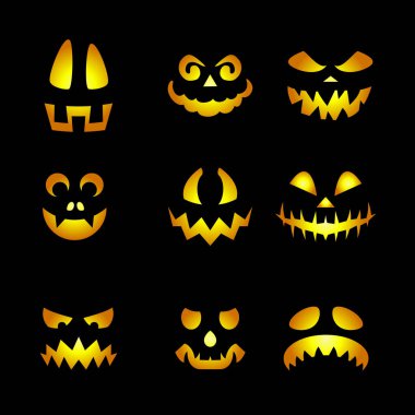 Parlayan Balkabağı Yüzlü Duygusallar. Kızgın Hayalet 'in Korkunç Cadılar Bayramı Emojileri, Şeytani Gözlü Ürkütücü Yaratıklar, Dişler ve Siyah Arkaplanda Ürkütücü Gülümsemeler