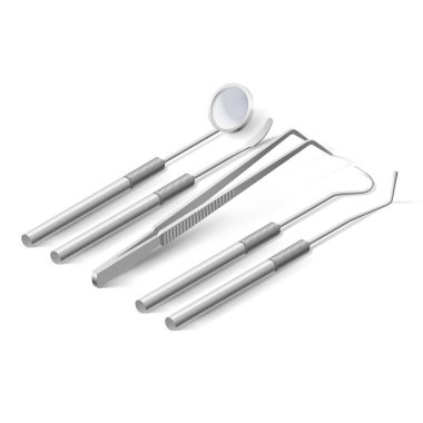 Temel Dişçi Aletleri ve Aletleri. Diş Sağlığı için Metal Tıbbi Ekipman. Diş Sağlığı ve Sağlık Hizmetleri Beyaz Arkaplan Konsepti