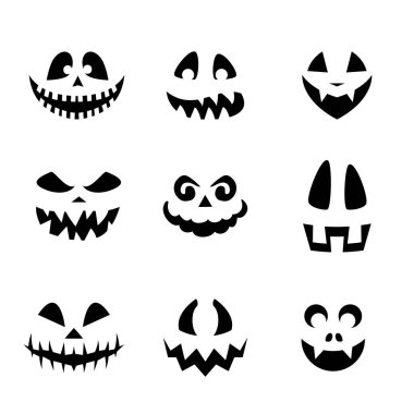 Cadılar Bayramı Balkabağı Düz Yüzlü Siluetler Koleksiyonu. Tek Renkli Simgeler Beyaza Ayarlandı. Farklı Gözler, Dişler ve Fenerler İçin Burunlar Şablonu