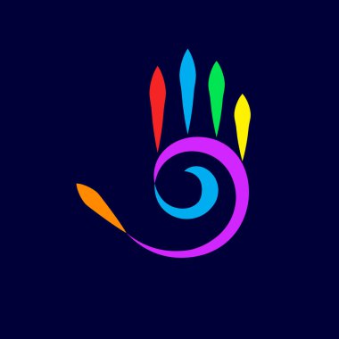 Beş Parmaklı Soyut Renkli El ve Karanlık Arkaplanda Spiral Tasarım Elementi