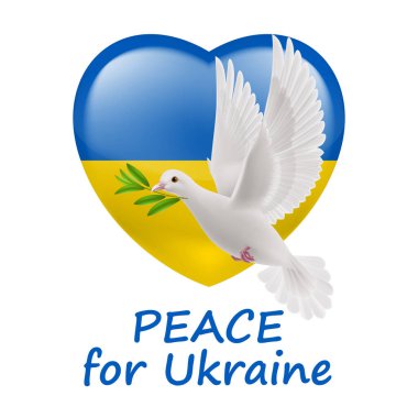 Yeşil zeytin dallı Beyaz Barış Güvercini ve Kalp şeklinde Ukrayna Bayrağı. Ukrayna 'da Barış İçin Dualar Beyaz Arkaplan İllüstrasyonu