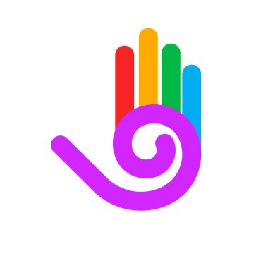 Beş Parmaklı Soyut Renkli El ve Beyaz Arkaplanda Spiral Tasarım Elementi