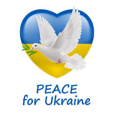 Yeşil zeytin dallı Beyaz Barış Güvercini ve Kalp şeklinde Ukrayna Bayrağı. Ukrayna 'da Barış İçin Dualar Beyaz Arkaplanda İllüzyon