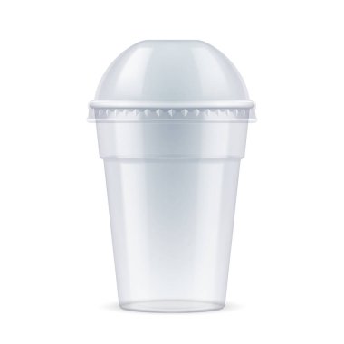 Tek kullanımlık Lid ile şeffaf Plastik Kupa. Beyaz Arkaplanda İzole Edilmiş İçecekler için Tek Kullanılabilir Konteynır Yapılandırması