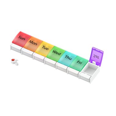 Beyaz Arkaplanda Haftanın Her Günü İçin Plastik Eczane Organizatörü. Bir Haftalık İlaç Dispansörü Cumartesi günü açıldı