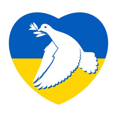 Ukrayna 'nın Kalp Şeklindeki Bayrağının Arkasında Beyaz Barış Güvercini Dalgalanıyor. Ukrayna 'da Barış İçin Dua Et İllüzyonu. Beyaz Arkaplanda Barış ve Özgürlük Sembolü