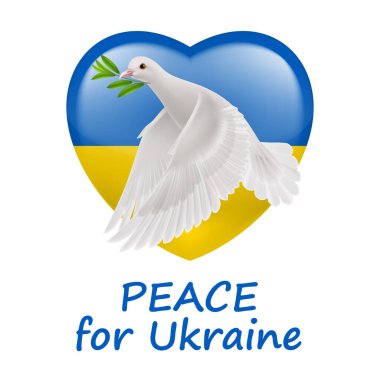 Yeşil zeytin dallı Beyaz Barış Güvercini ve Kalp şeklinde Ukrayna Bayrağı. Ukrayna 'da Barış İçin Dua Et İllüzyonu. Beyaz Arkaplanda Barış ve Özgürlük Sembolü