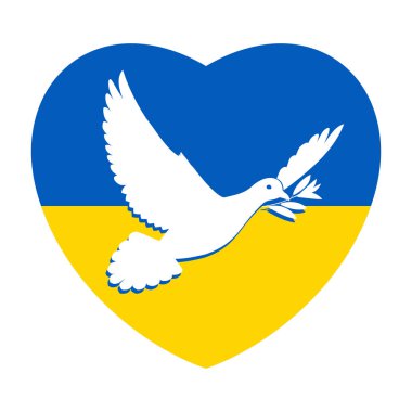 Ukrayna 'nın Kalp Şeklindeki Bayrağının Arkasında Beyaz Barış Güvercini Dalgalanıyor. Ukrayna 'da Barış İçin Dualar Beyaz Arkaplan İllüstrasyonu