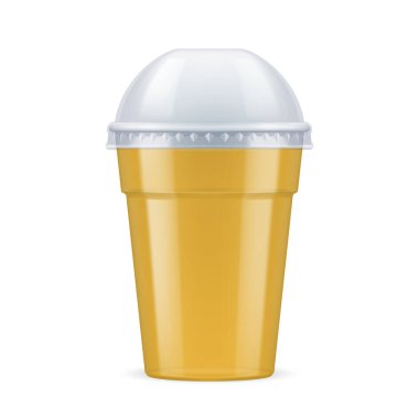 Sarı Plastik Kupa ve tek kullanımlık Lid. Beyaz Arkaplanda İzole Edilmiş İçecekler için Tek Kullanılabilir Konteynır Yapılandırması