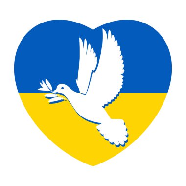Ukrayna 'nın Kalp Şeklindeki Bayrağının Arkasında Beyaz Barış Güvercini Dalgalanıyor. Ukrayna 'da Barış İçin Dua Et İllüzyonu. Beyaz Arkaplanda Barış ve Özgürlük Sembolü
