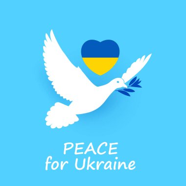 Zeytin dallı Beyaz Barış Güvercini ve Kalp Şeklinde Ukrayna Bayrağı. Ukrayna 'da Barış İçin Dua Et Mavi Arkaplan İllüstrasyonu
