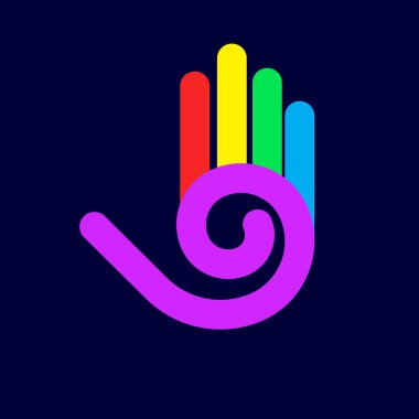 Beş Parmaklı Soyut Renkli El ve Karanlık Arkaplanda Spiral Tasarım Elementi