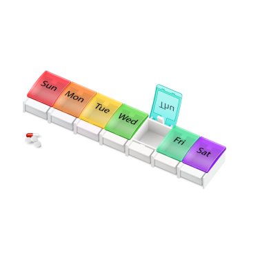 Beyaz Arkaplanda Haftanın Her Günü İçin Plastik Eczane Organizatörü. Perşembe günü haftalık bir ilaç dağıtıcısı açıldı.