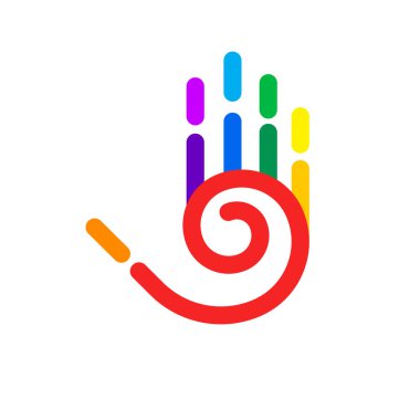 Beş Parmaklı Soyut Renkli El ve Beyaz Üzerinde Spiral Tasarım Elementi