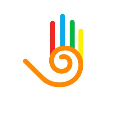 Beş Parmaklı Soyut Renkli El ve Beyaz Arkaplanda Spiral Tasarım Elementi