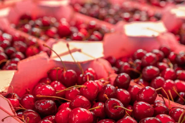 Fresh Sweet Cherries Street Food Market Close View Blurred Background — Stock Photo, Image