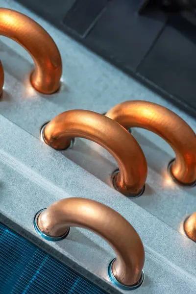 Copper tube in air conditioning installation close-up