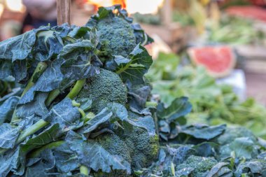 Broccoli Rabe on a street food market, in Palermo Sicily, vegetable stand with blurred background clipart