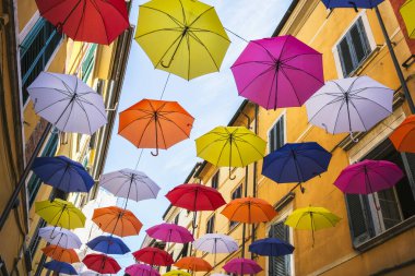 Caddenin üzerinde asılı çok renkli şemsiyeler, dekorasyon ve koruma