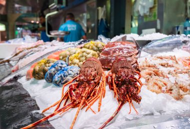 Taze ıstakozlar, bulanık arka planda Valencia 'nın gıda pazarı olan bir deniz ürünleri tezgahında buzun üzerine serilmiş.