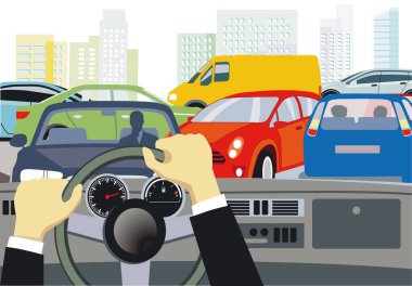 Trafik sıkışıklığında kavşaktaki araba, illüstrasyon