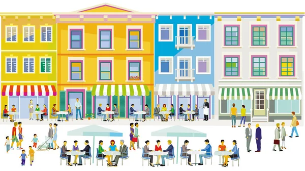 Silhouette Ville Avec Restaurants Bistrots Dans Quartier Résidentiel Illustration — Image vectorielle