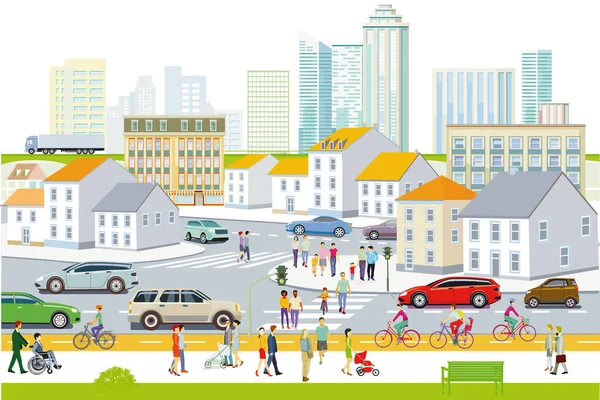 City Silhouette Pedestrians Traffic Residential District Illustration — стоковый вектор