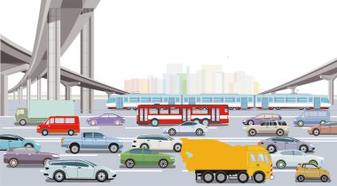 Motorway with express train, bus and passenger car, Illustration