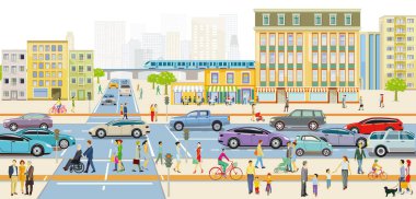 City silhouette with traffic and pedestrians in residential district, illustration