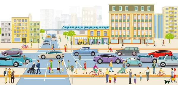 City Silhouette Traffic Pedestrians Residential District Illustration — 스톡 벡터