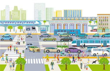 City silhouette with traffic and pedestrians in residential district, illustration