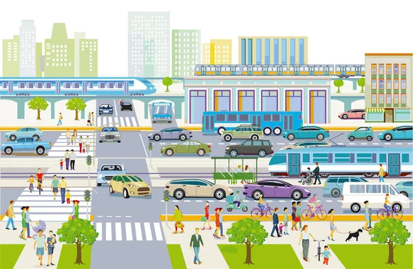 Городской Силуэт Транспортом Пешеходами Жилом Районе Иллюстрация — стоковый вектор